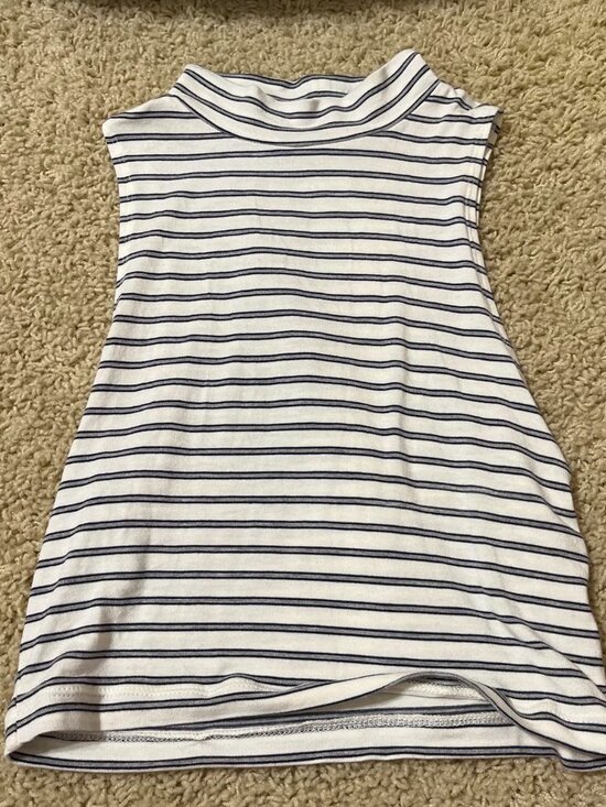 Tops - White Grey Striped Mock Neck Sleeveless Tank Top Soft Stretch Basic Layering Tee